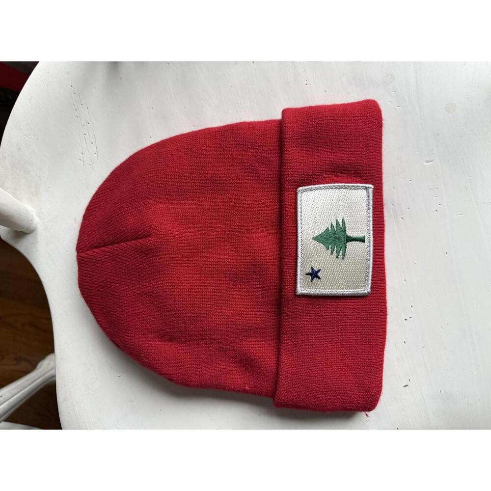 Red Knit Beanie with Tree and Star Patch